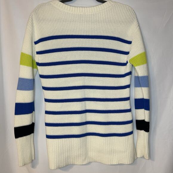 T By Talbots Womens Sweater Size MP Ivory Blue Green Stripes Thumb Hole Side Zip - Picture 9 of 13